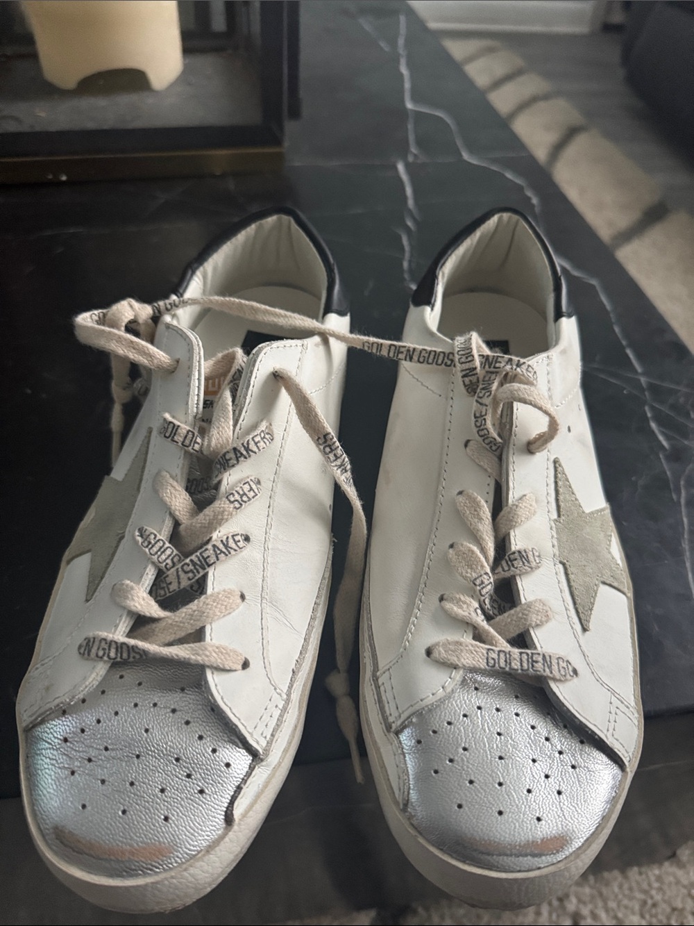 Golden Goose Men’s White Leather Sneakers with Silver Toe and Gray Star